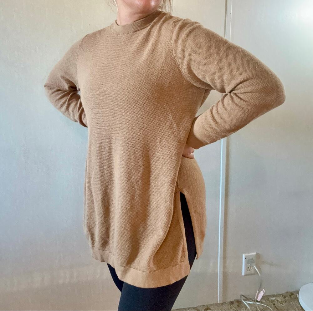 J.Jill Camel Tan Tunic Sweater Large Cotton Silk Wool Blend Side Slit